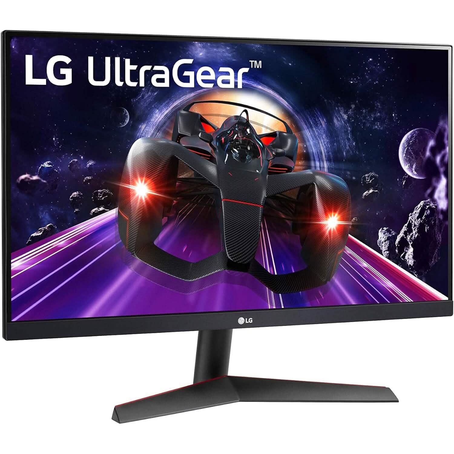 Gaming monitor front corner view with black bezel and centered stand.