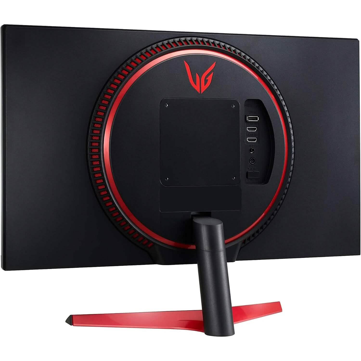 Gaming monitor rear view showing port panel and VG logo with red LED ring.