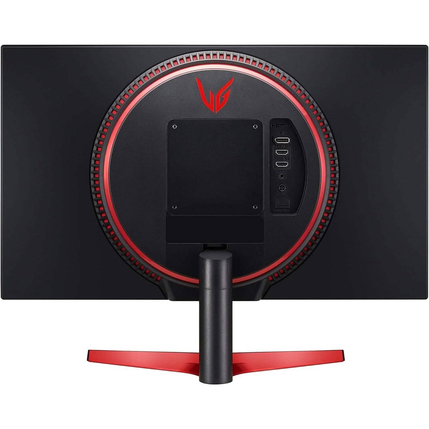 Gaming monitor rear panel with port area and red LED ring, black stand.