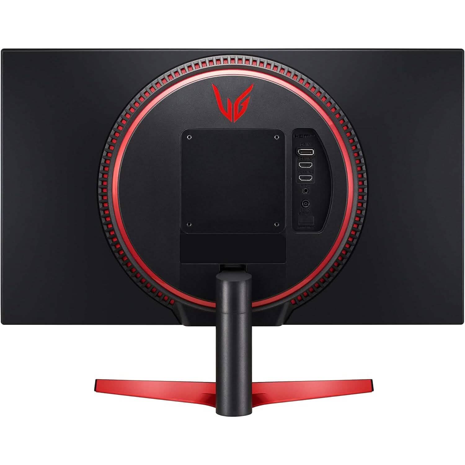Gaming monitor rear panel with port area and red LED ring, black stand.