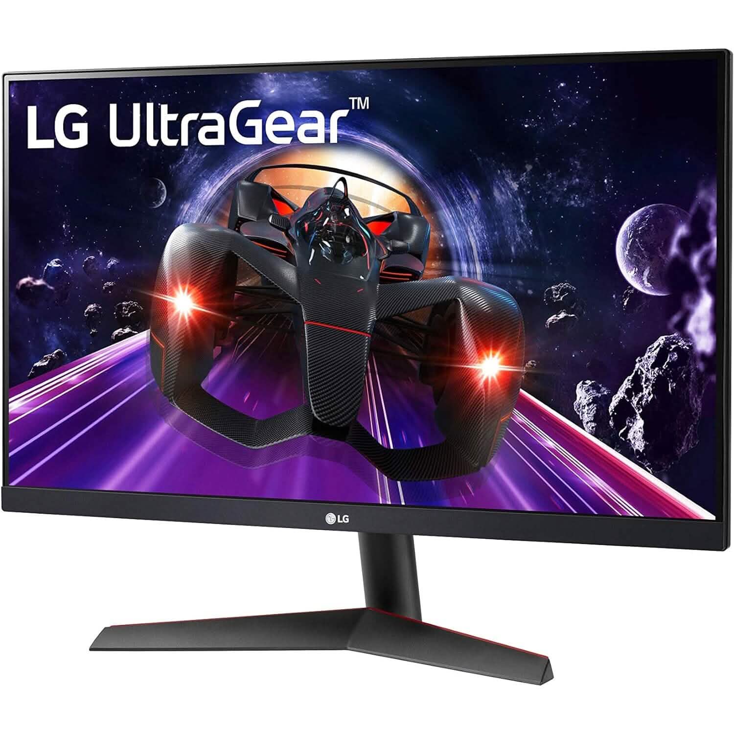 Gaming monitor front view with black bezel and V-shaped stand with red accent.