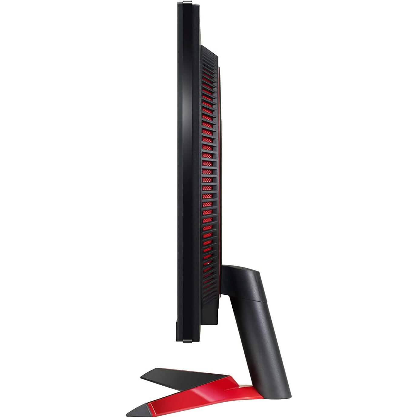 Gaming monitor side profile with tall black stand and red base accents.