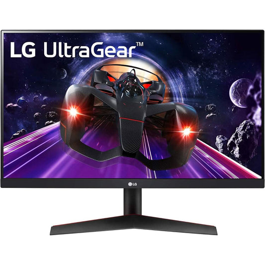 Gaming monitor with black bezel and V-shaped stand, front view.