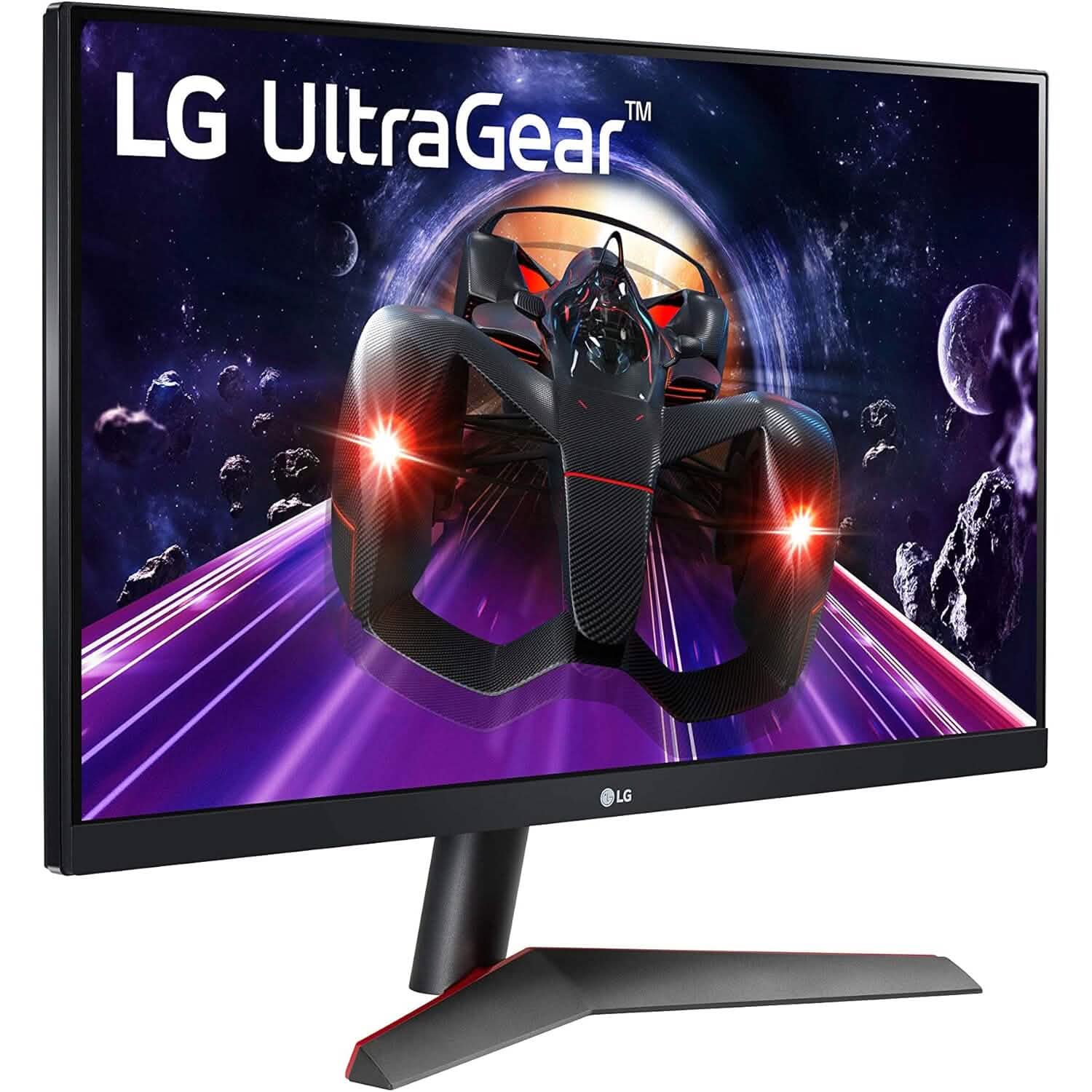 Gaming monitor front three-quarter view with black bezel and red-accent base.