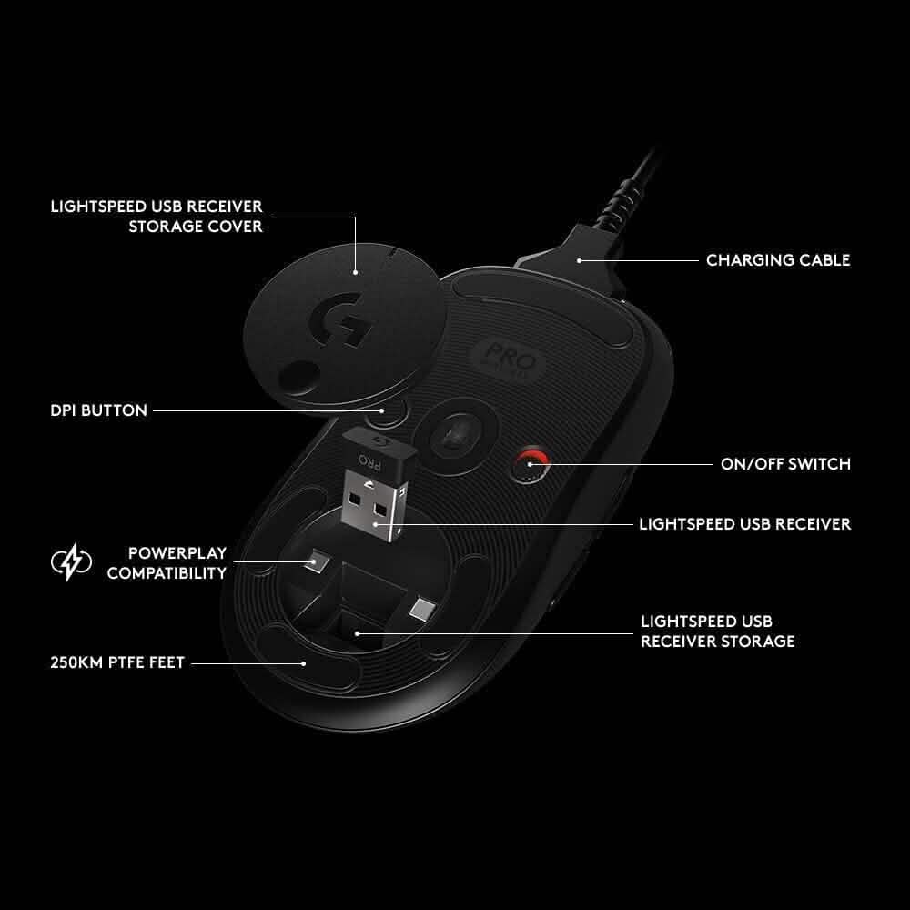 Black wireless gaming mouse underside with on/off switch, USB receiver, and textured feet
