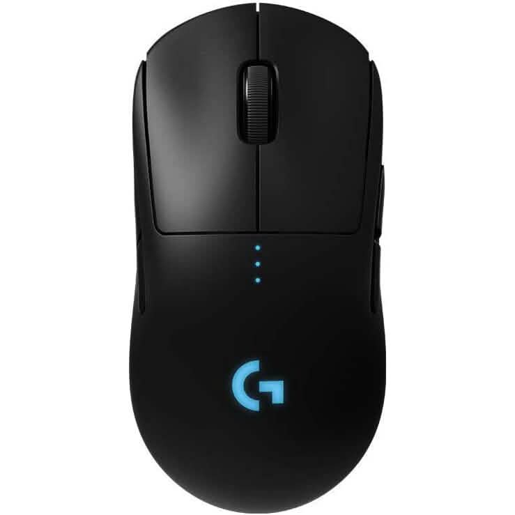 Black wireless gaming mouse front view, scroll wheel and blue indicator lights