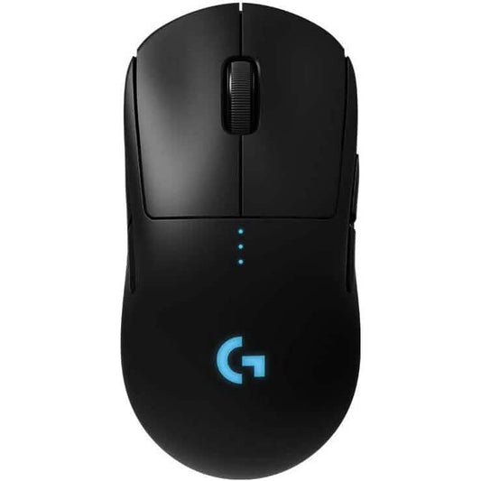 Black wireless gaming mouse front view, scroll wheel and blue indicator lights