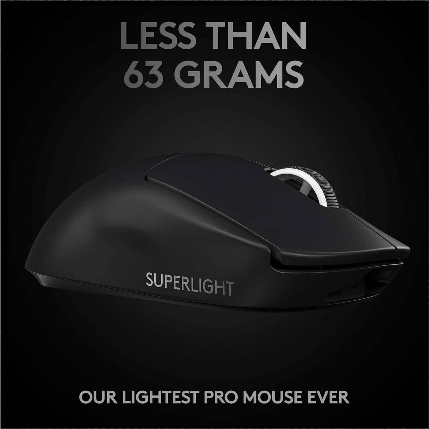 Lightweight black gaming mouse with white braided cable clip and arched top shell