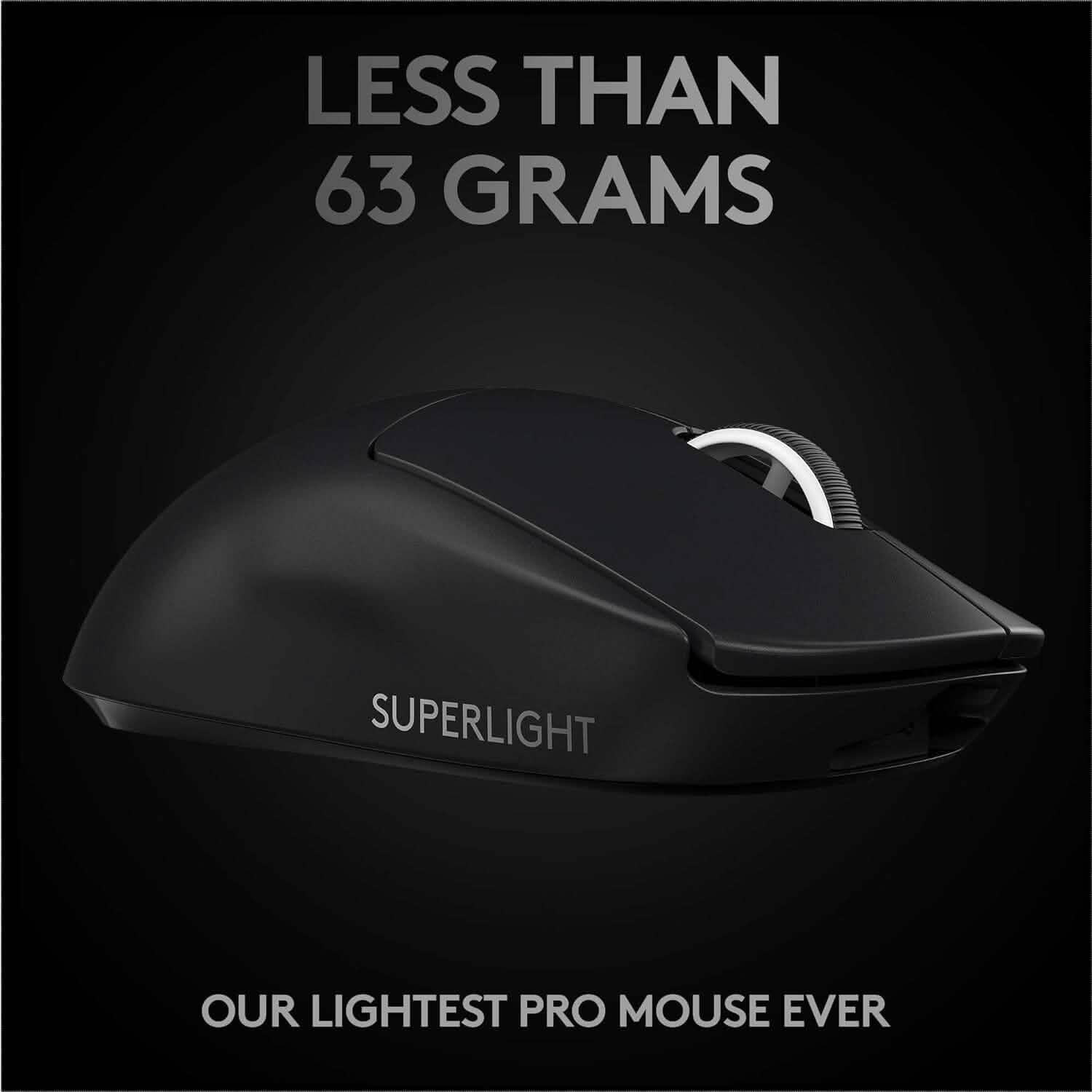 Lightweight black gaming mouse with white braided cable clip and arched top shell