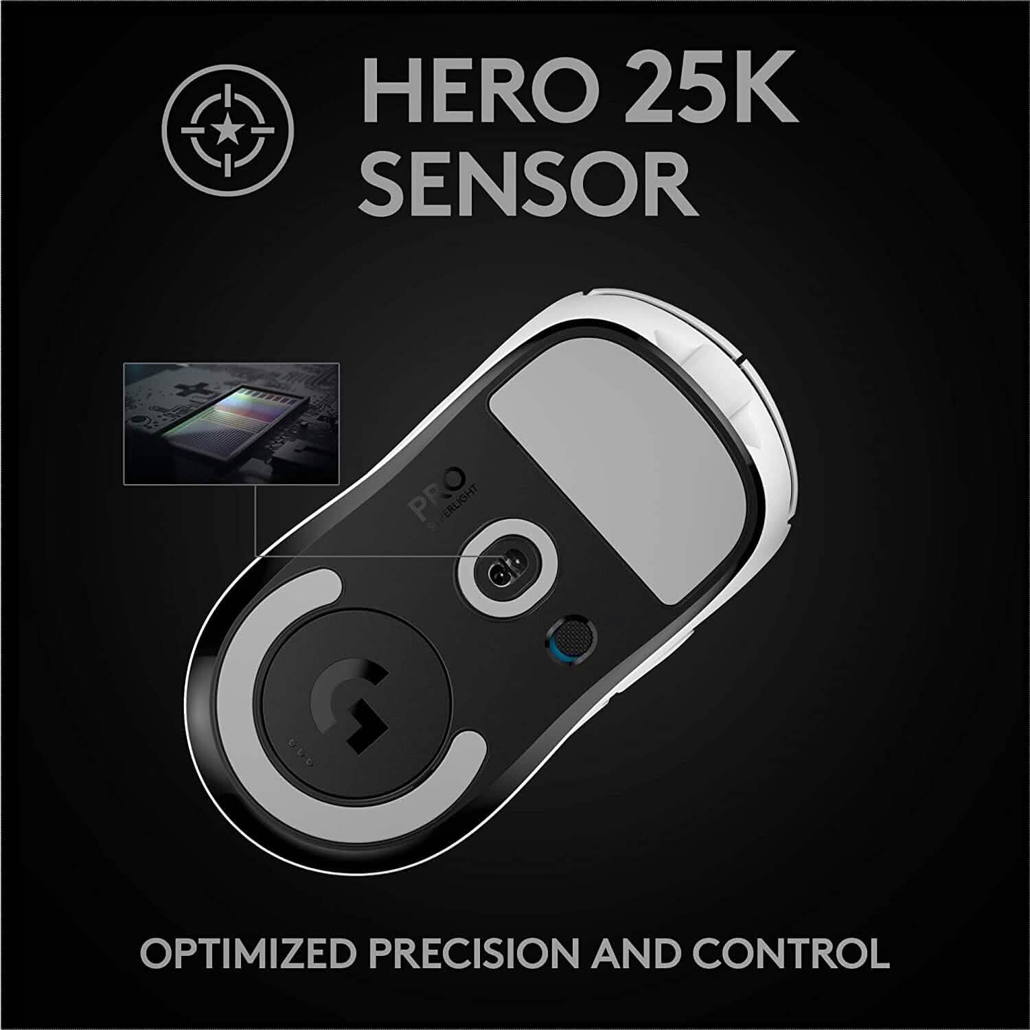 White Logitech G PRO X Superlight gaming mouse underside with HERO sensor window