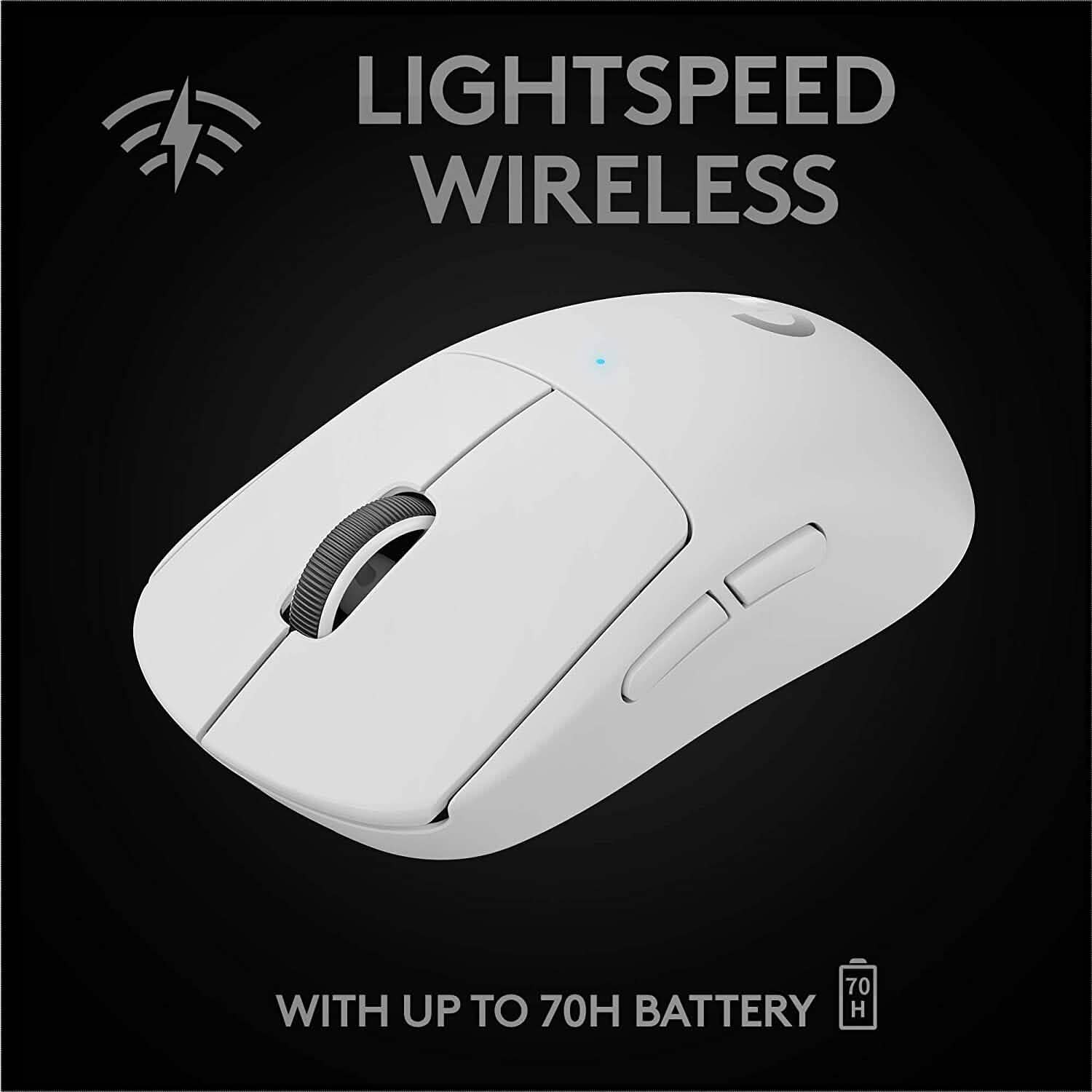 White Logitech G PRO X Superlight wireless gaming mouse top view with scroll wheel