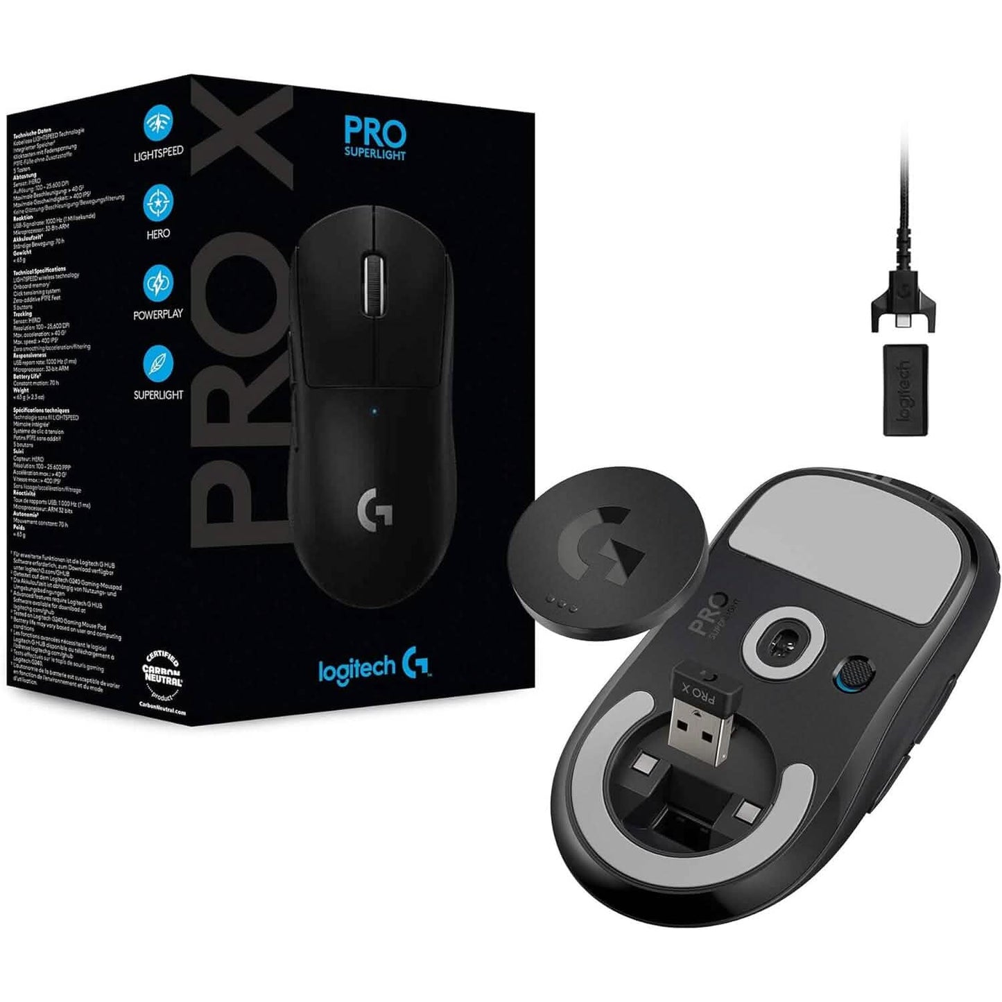 Logitech gaming mouse with visible underside and USB receiver, shown with retail box