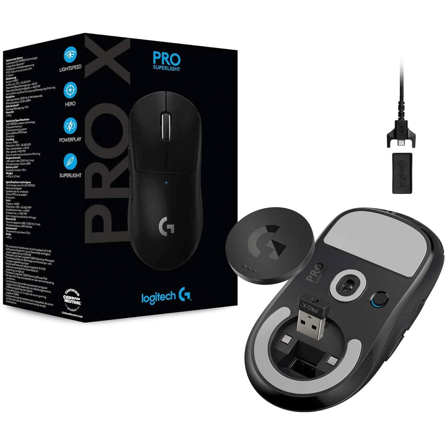 Logitech gaming mouse with visible underside and USB receiver, shown with retail box