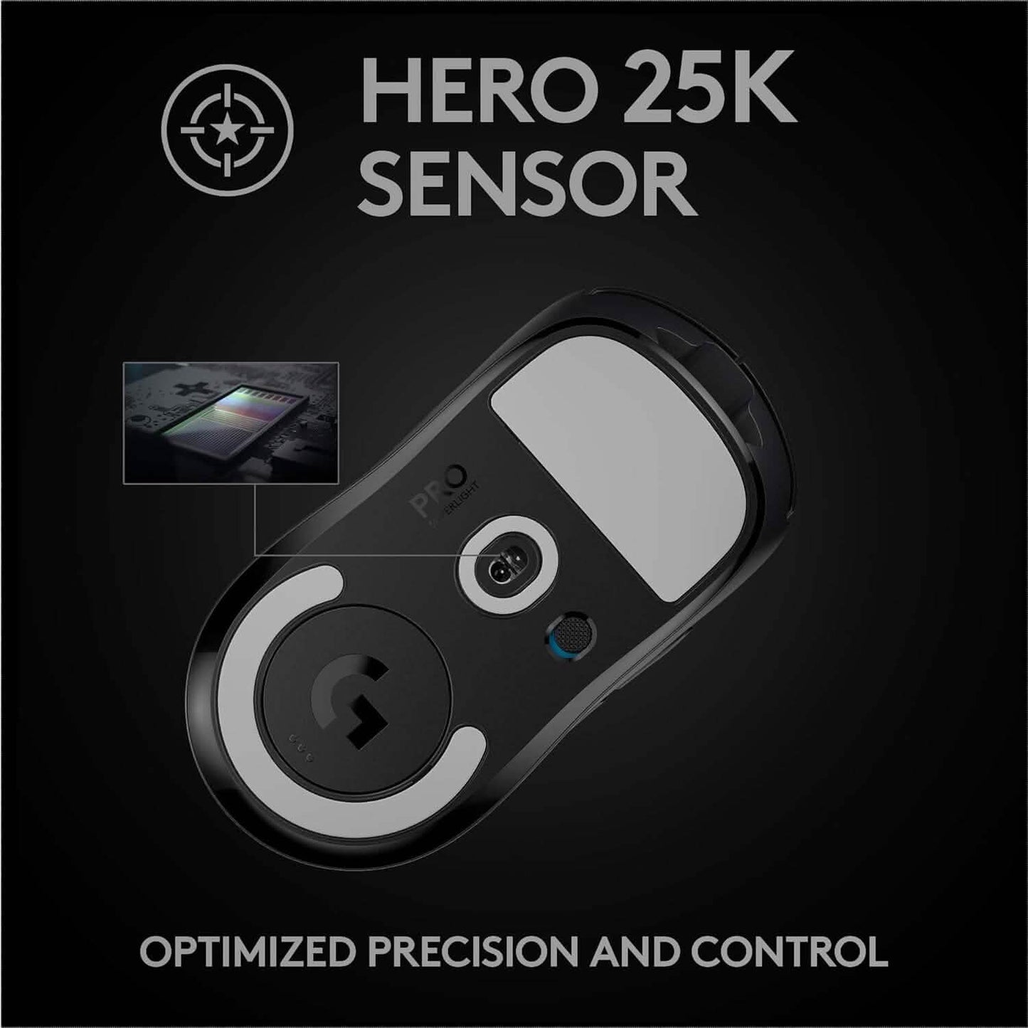 Black wireless gaming mouse with side button cutouts and large sensor window on back