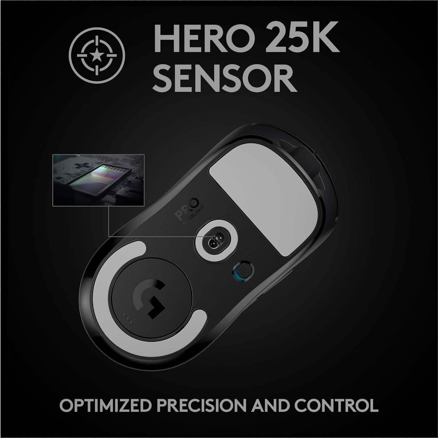 Black wireless gaming mouse with side button cutouts and large sensor window on back