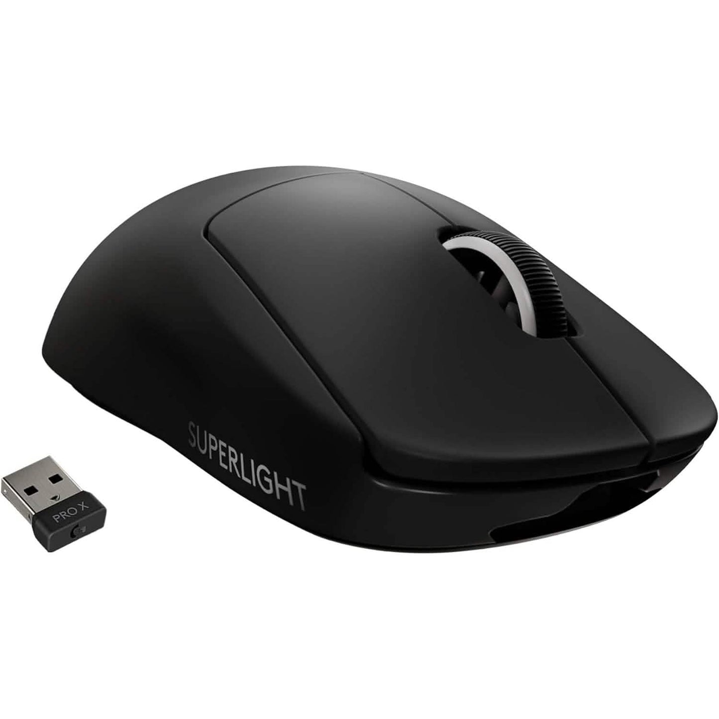 Black wireless gaming mouse with Superlight logo and included USB wireless receiver