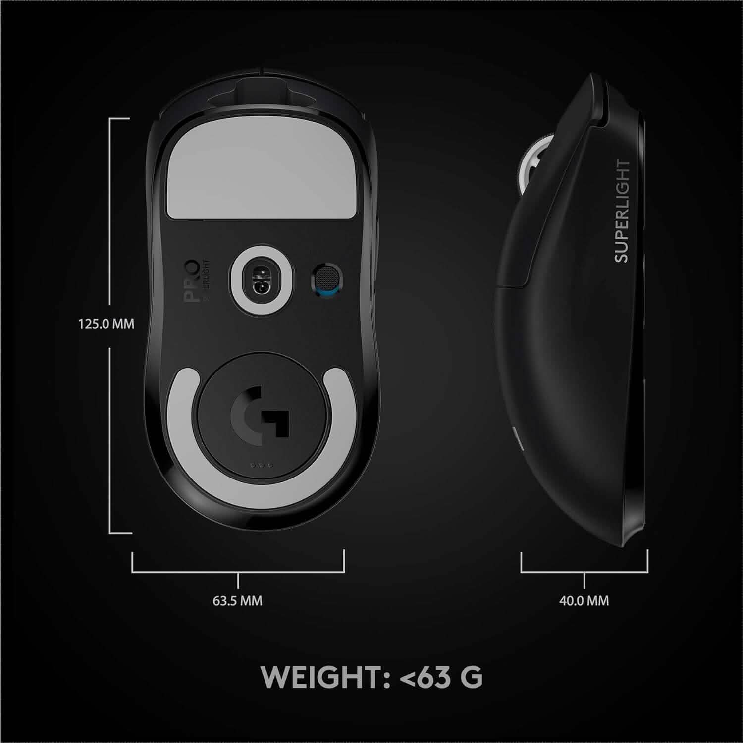 Black wireless gaming mouse underside with sensor module and PTFE feet