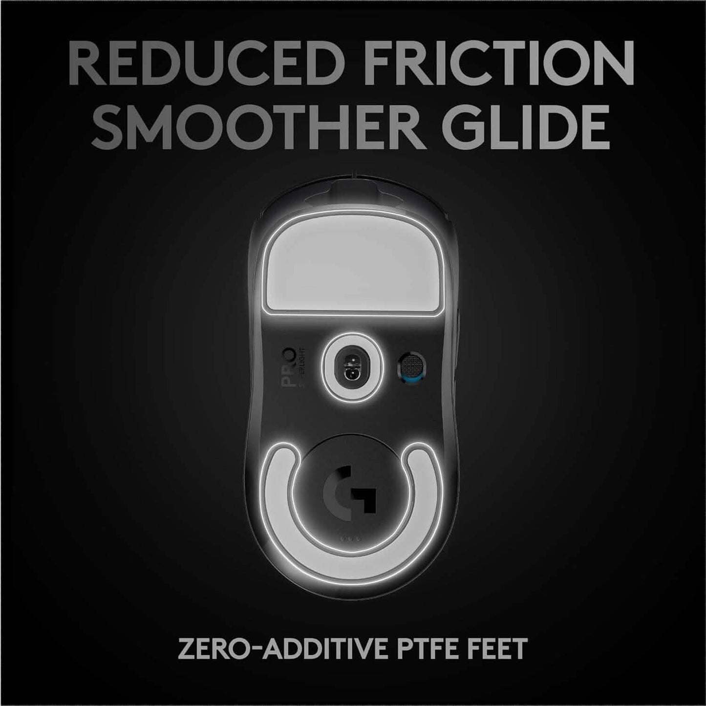 Black gaming mouse underside with smooth PTFE feet and circular center base plate