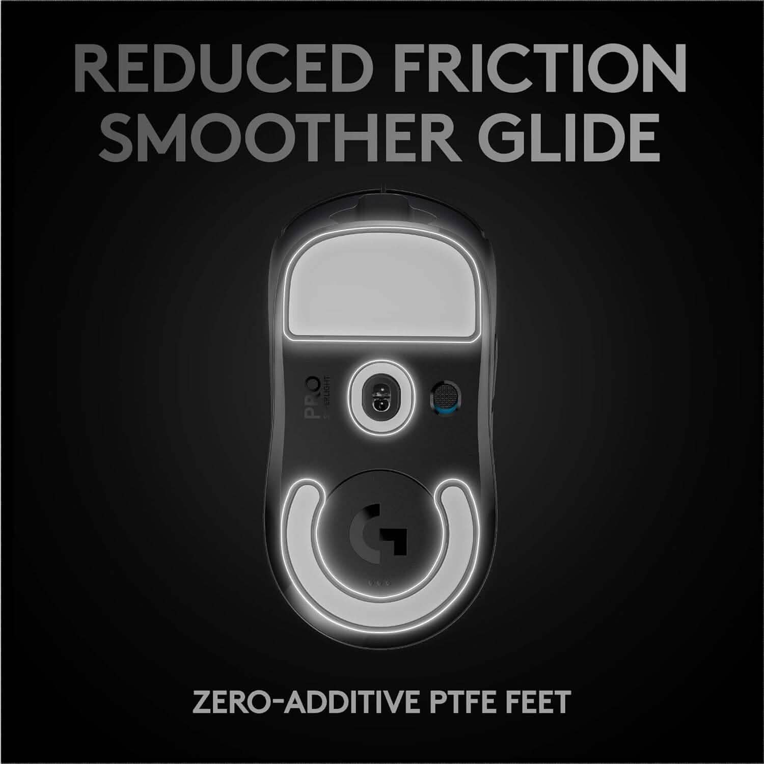 Black gaming mouse underside with smooth PTFE feet and circular center base plate