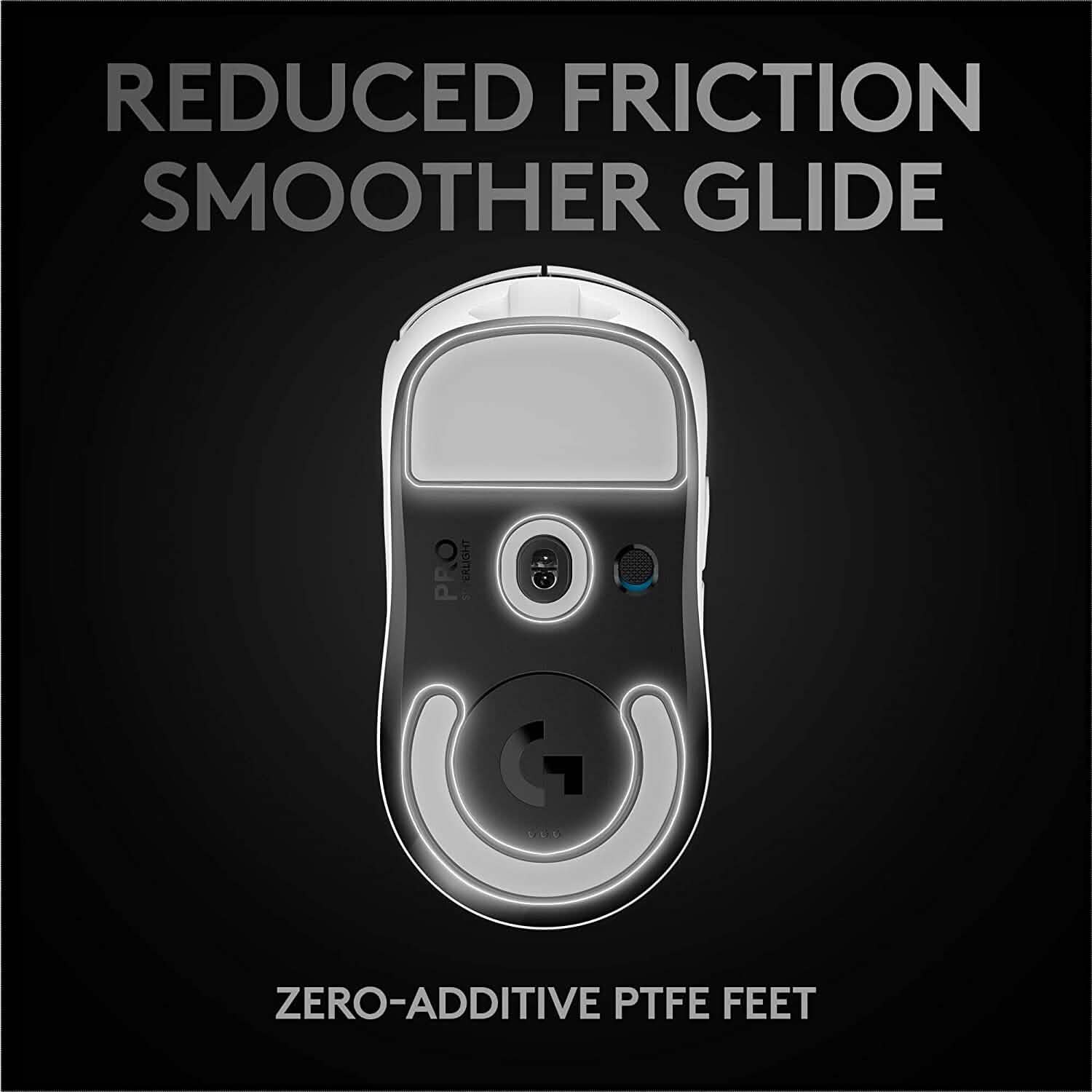 White Logitech G PRO X Superlight mouse base with PTFE glide feet