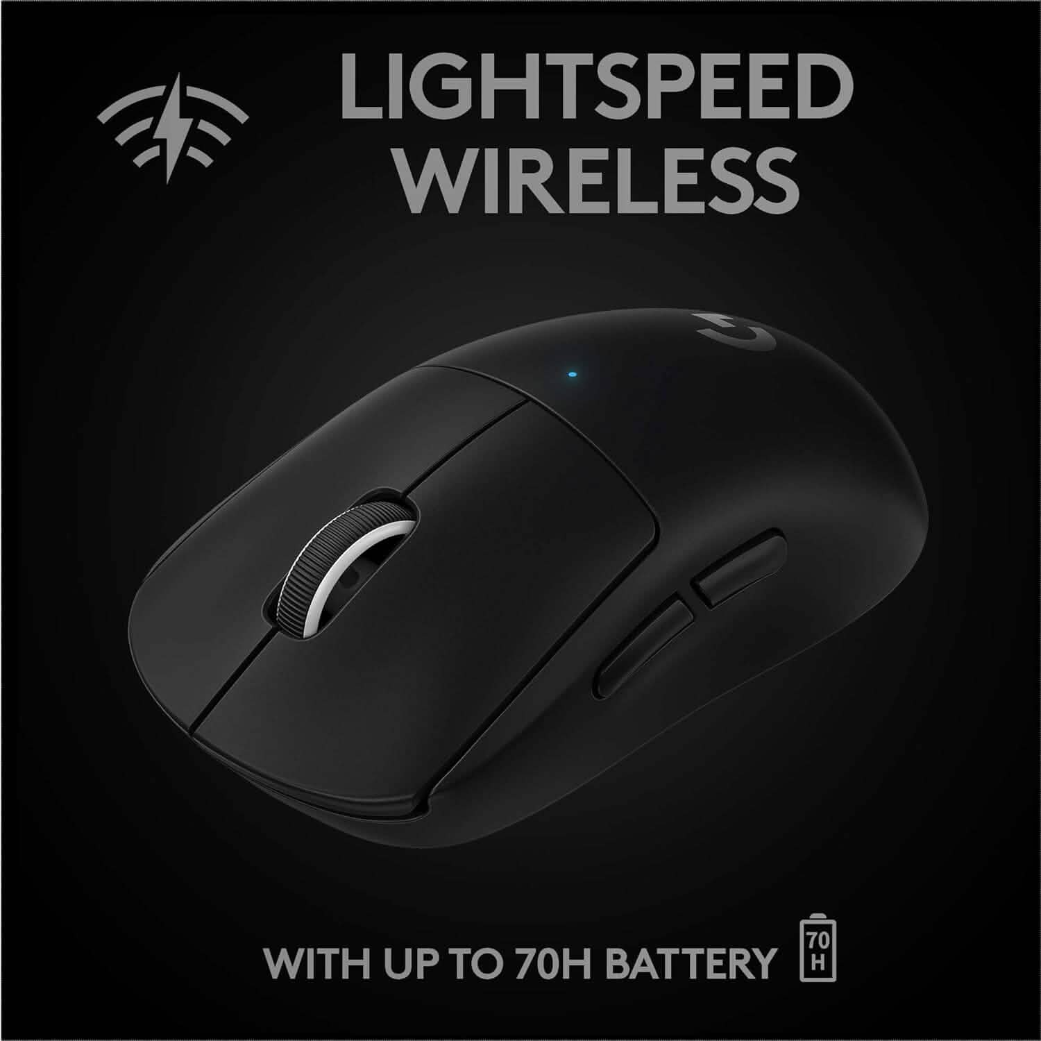 Black wireless gaming mouse with scroll wheel, side cutout, and blue status light