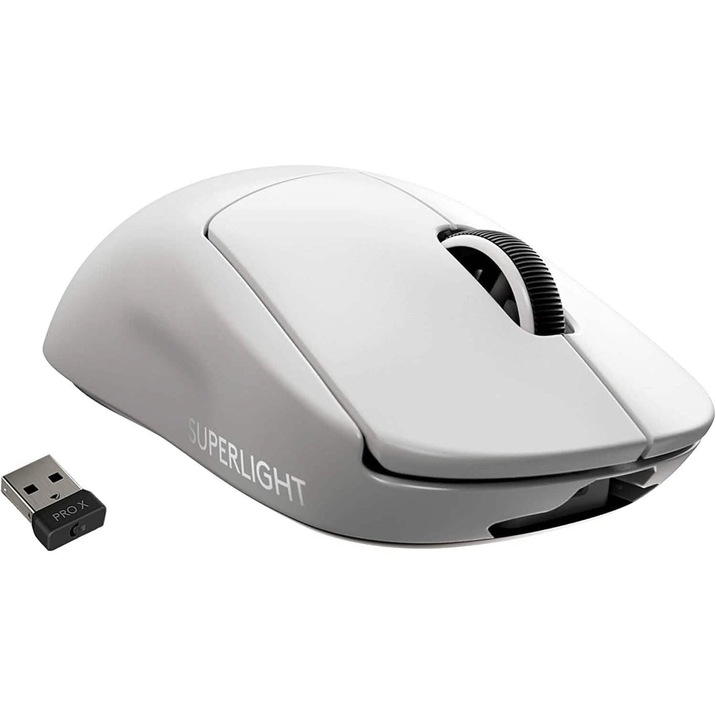 White Logitech G PRO X Superlight wireless gaming mouse with ergonomic side buttons