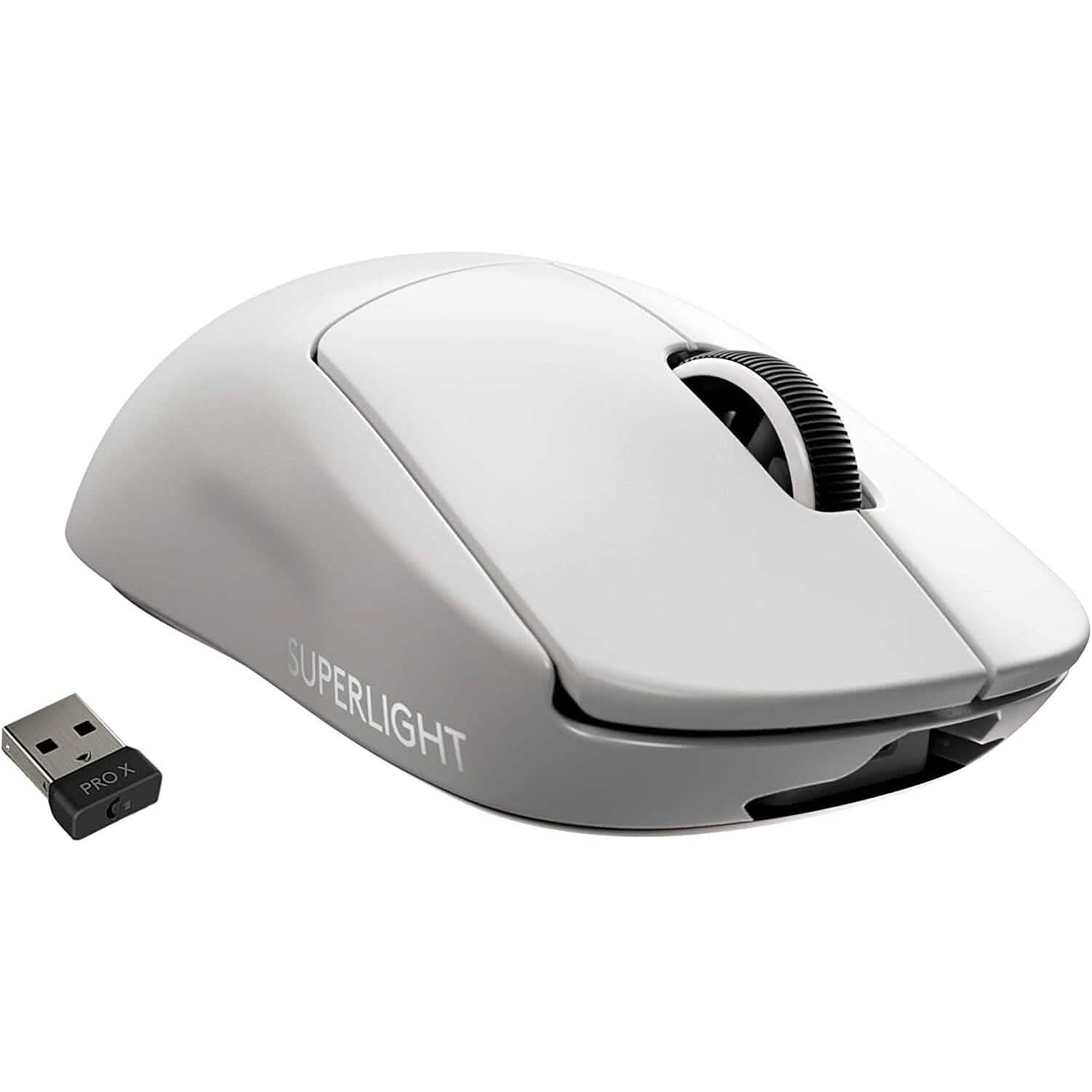 White Logitech G PRO X Superlight wireless gaming mouse with ergonomic side buttons