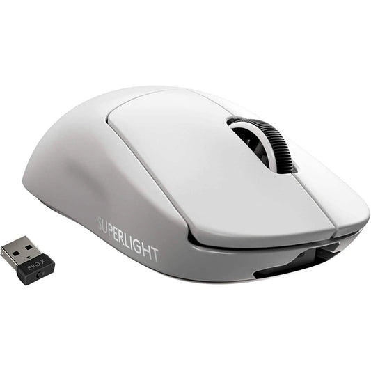 White Logitech G PRO X Superlight wireless gaming mouse with ergonomic side buttons
