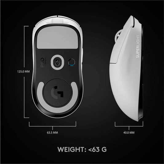 White Logitech G PRO X Superlight gaming mouse underside with sensor window and skates
