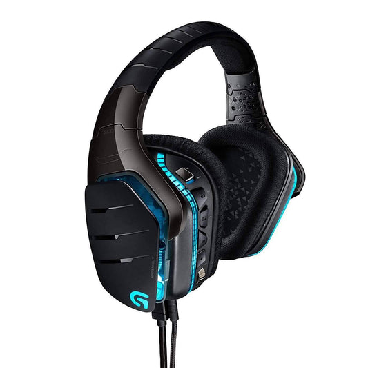 Black gaming headset with padded ear cups and blue LED accent lighting