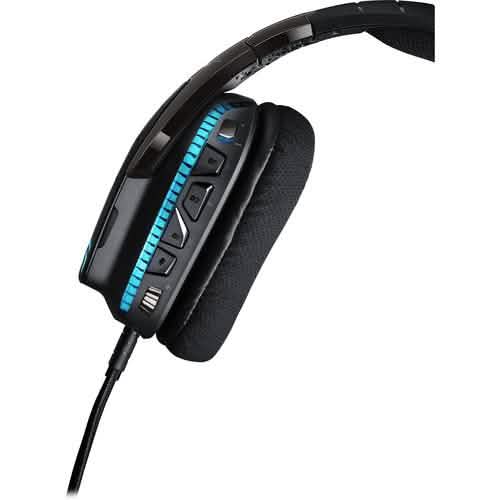 Black over-ear headset with controls on ear cup and blue LED strip