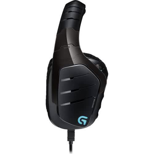 Black gaming headset side view with blue LED accent and adjustable headband