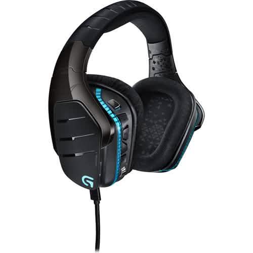 Black over-ear gaming headset with blue LED light bar and padded ear cushions