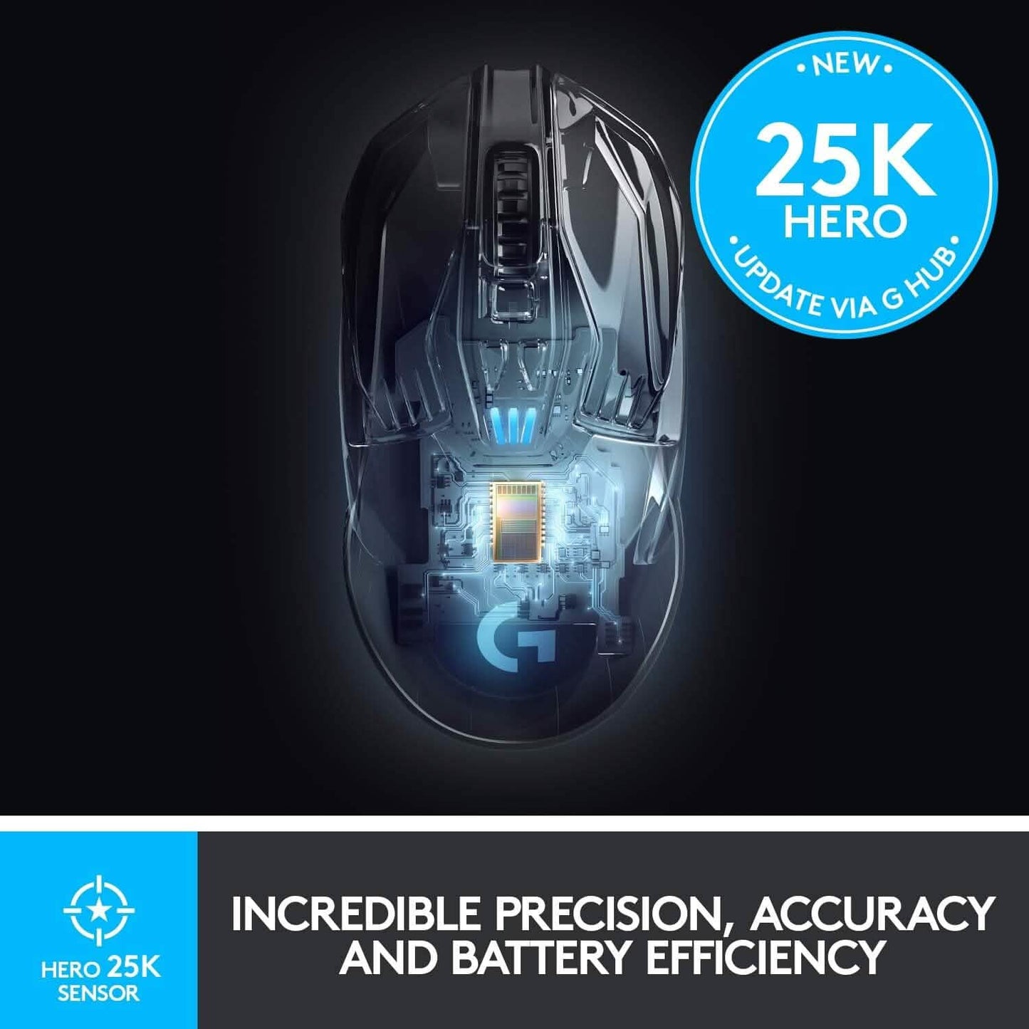 Black gaming mouse top view with blue-lit sensor area and G logo