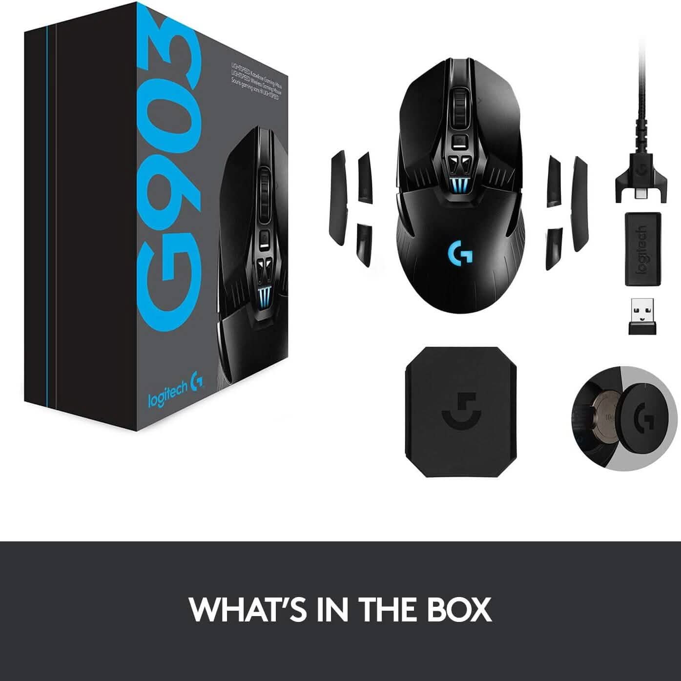 Logitech G903 gaming mouse with accessories, USB cable, and spare feet
