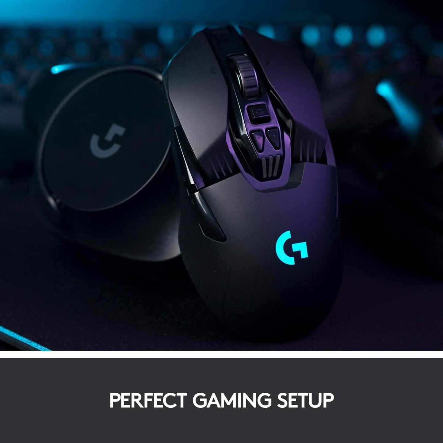 Black gaming mouse with blue-lit scroll wheel and side buttons