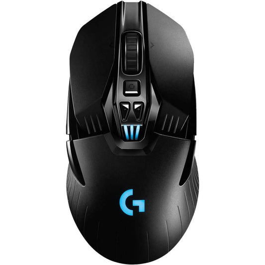 Black Logitech G wireless gaming mouse with blue logo, top buttons, and scroll wheel