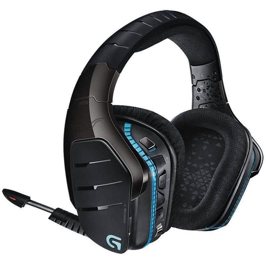 Black wireless gaming headset with blue RGB lighting and attached microphone