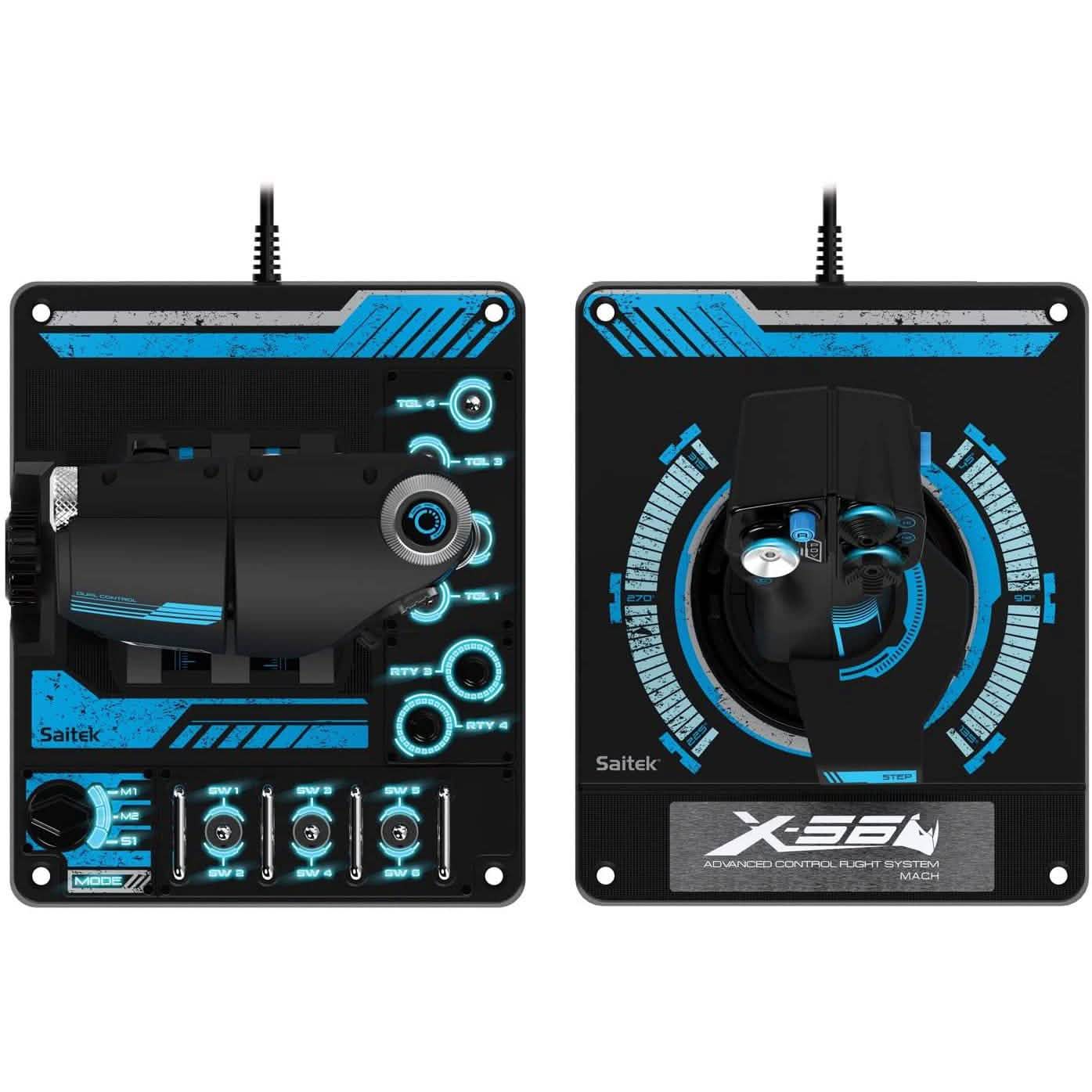 Front panel of flight control HOTAS with black face, blue indicator rings, and switch set