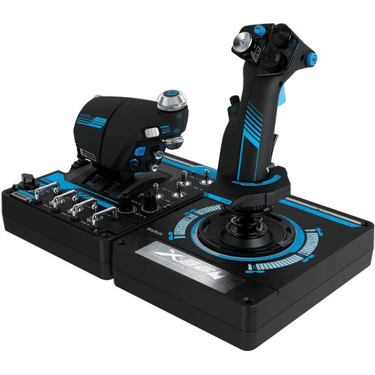 Flight control HOTAS set: black throttle unit with multiple metal switches and blue lights