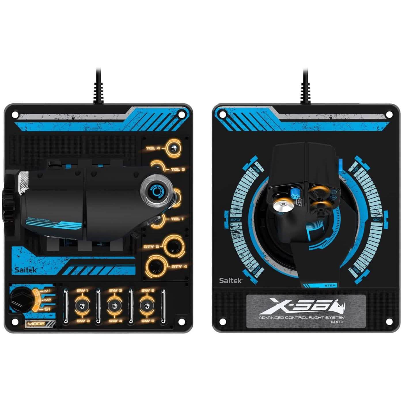 Front panel of flight control HOTAS with black face, blue gauges, and gold-toned ports