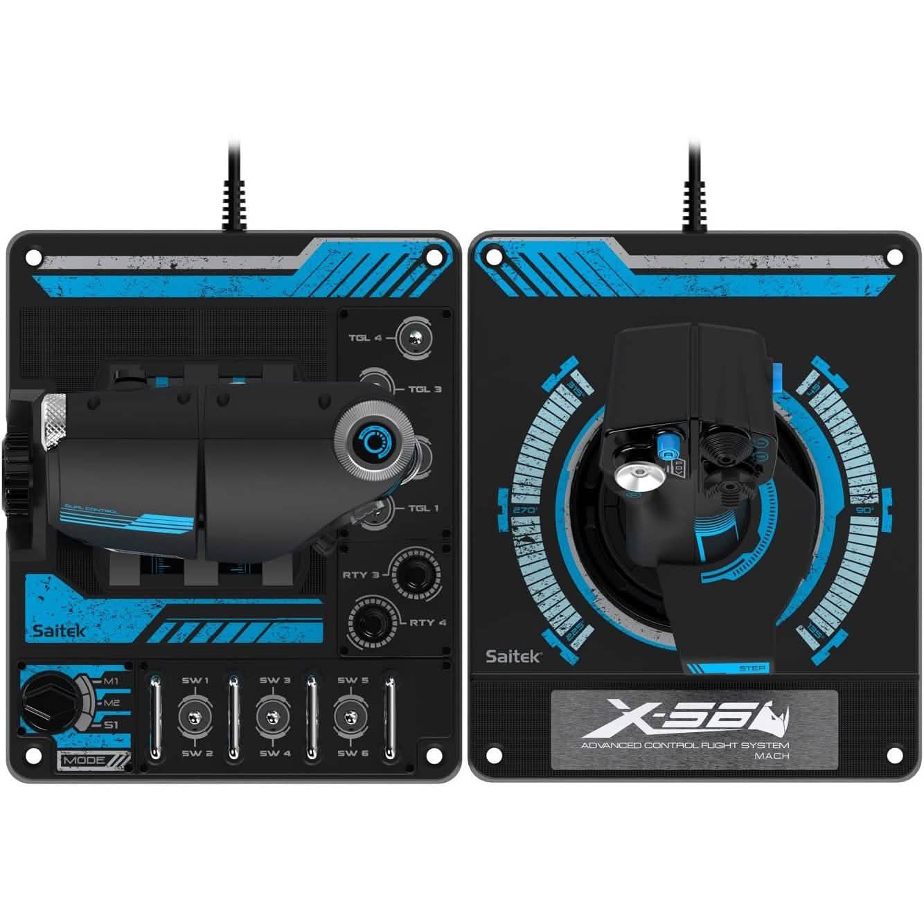 Front panel of flight control HOTAS: black controls with blue rings and switch rows