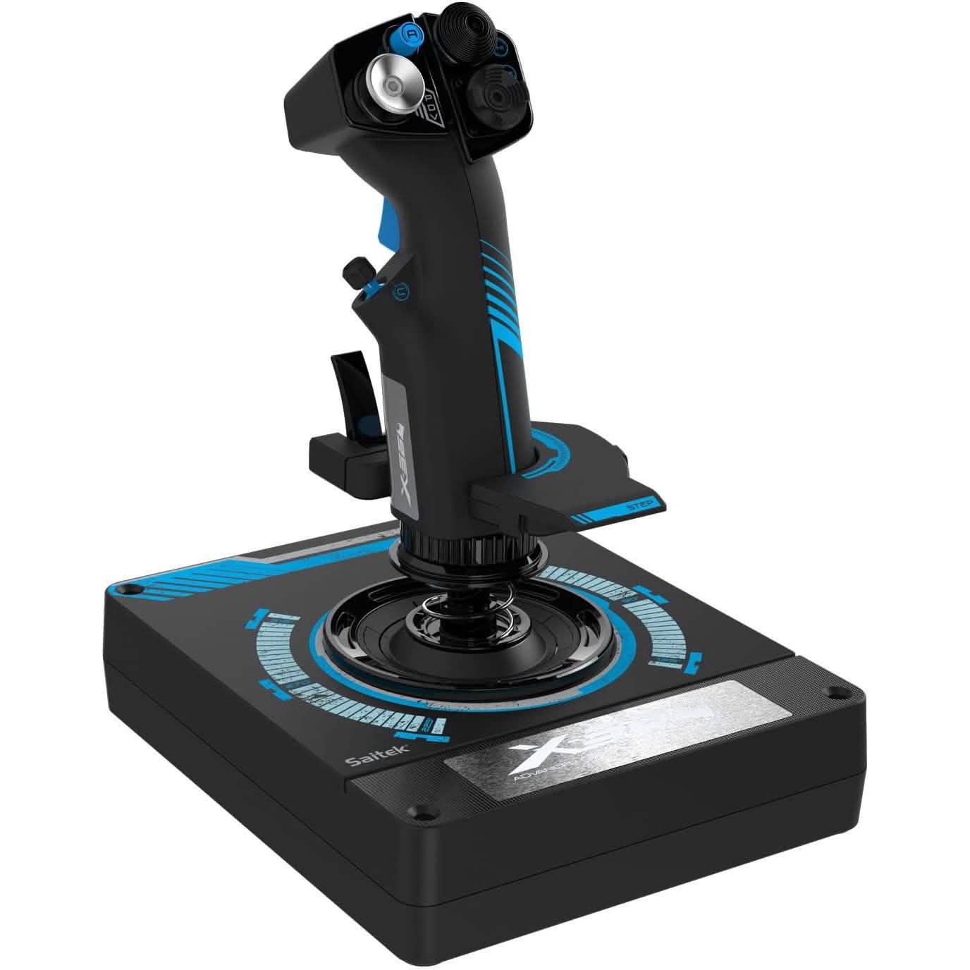 Taller joystick with blue stripe markings and black circular base on flight control HOTAS