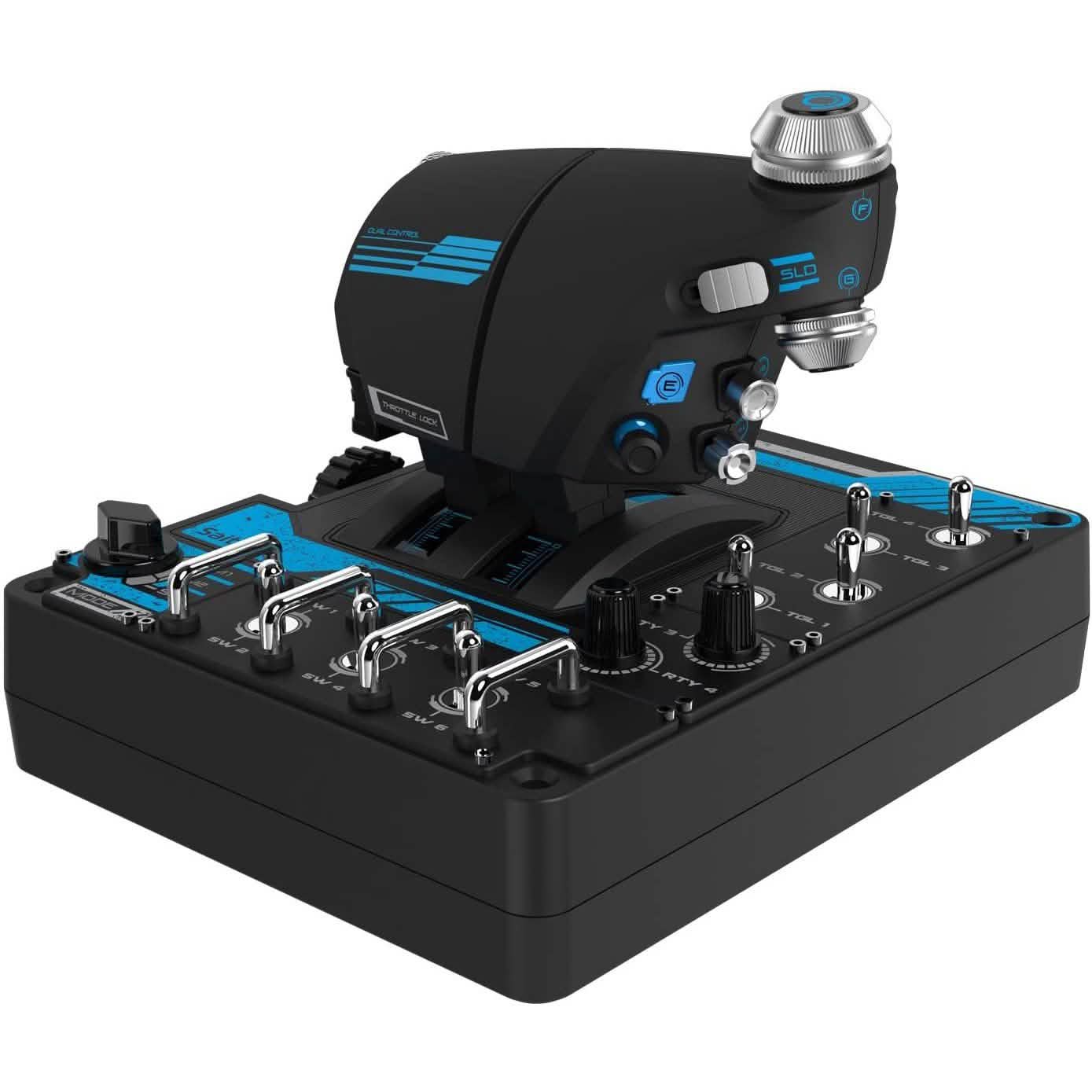 Black throttle module with metal levers, rotary dials, and blue strip accents