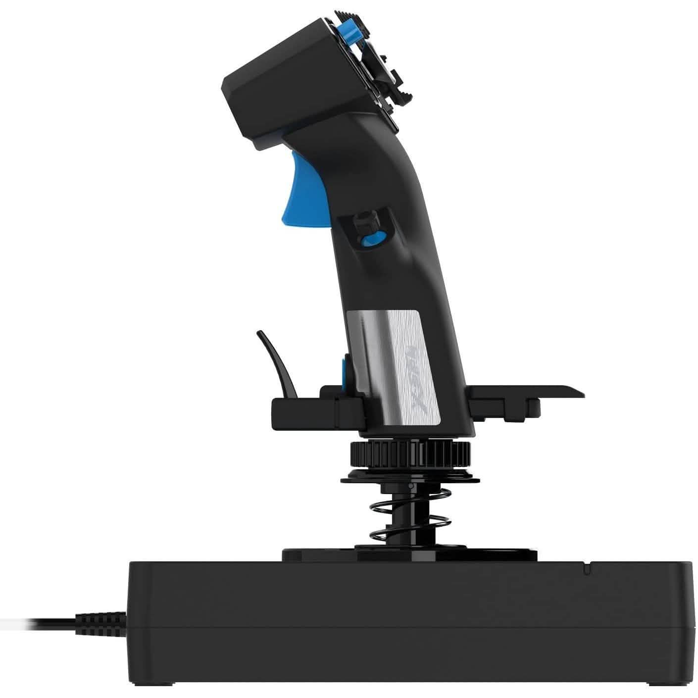 Joystick base with spring mechanism and blue side accents on a black HOTAS platform