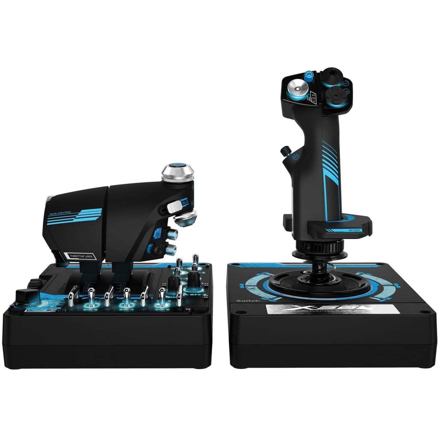 Two-part flight control HOTAS with black throttle panel and tall blue-accent joystick