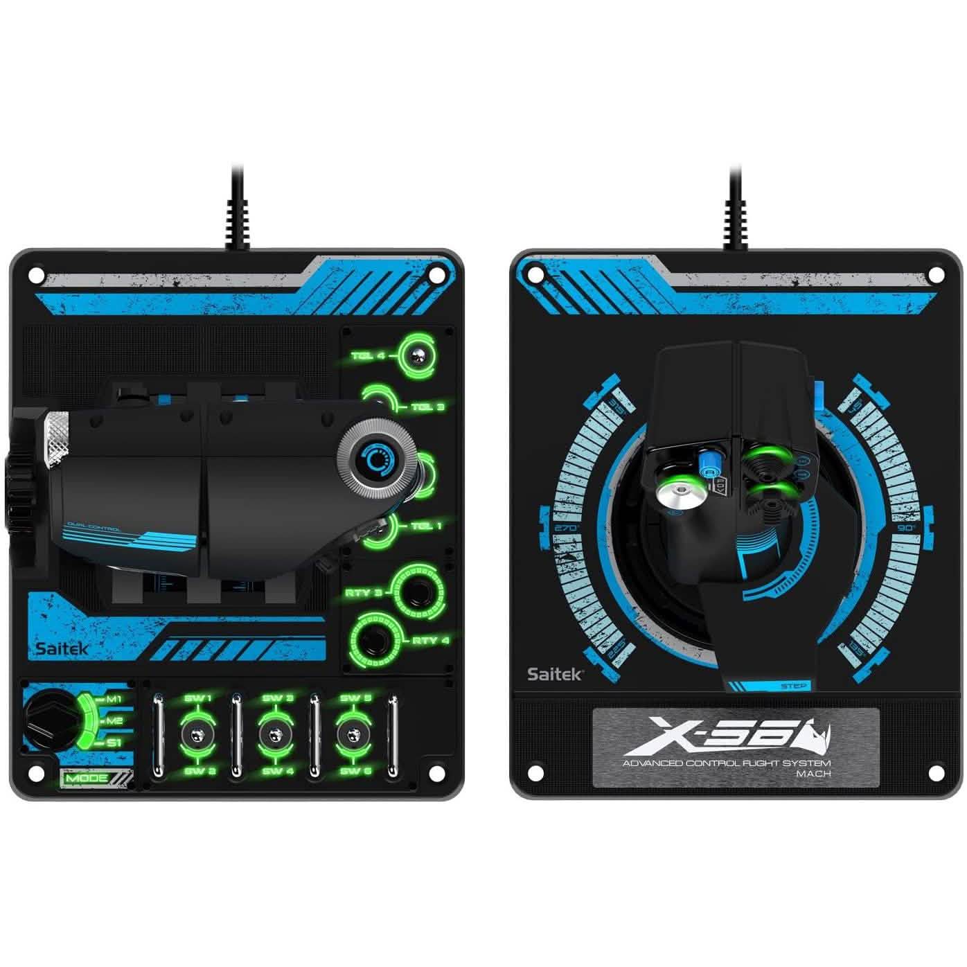 Flight control HOTAS panel with blue graphics, green LED buttons, and dual knobs