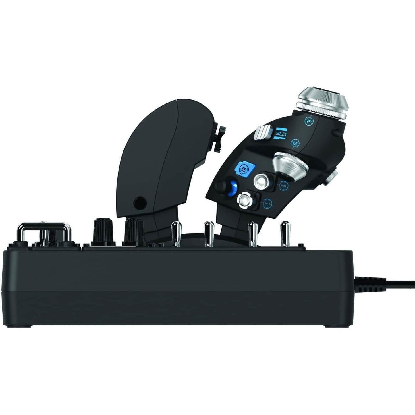 Side view of joystick grips and throttle levers on a black HOTAS base