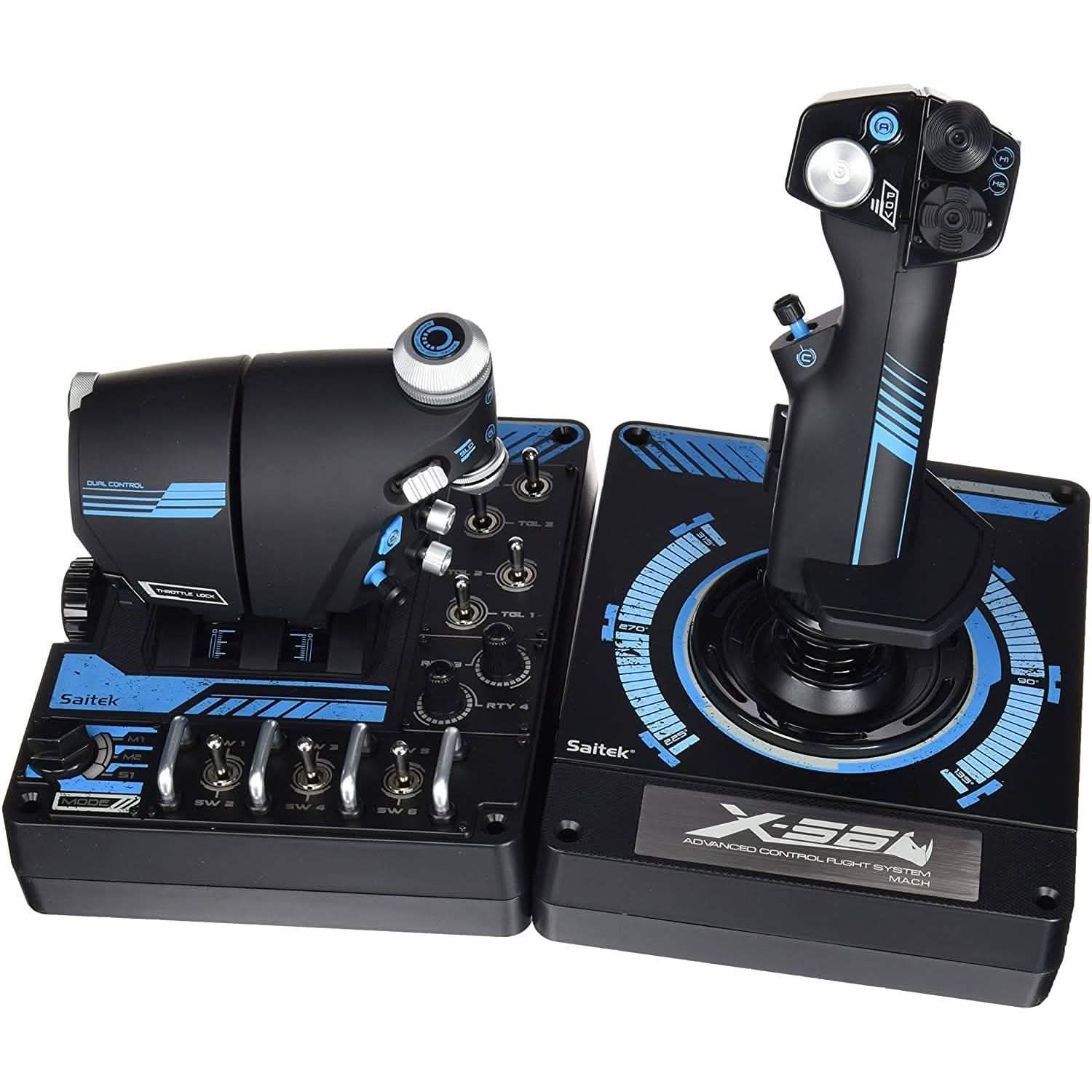 Gaming flight control HOTAS with black throttle and blue-accent dual-stick joystick base