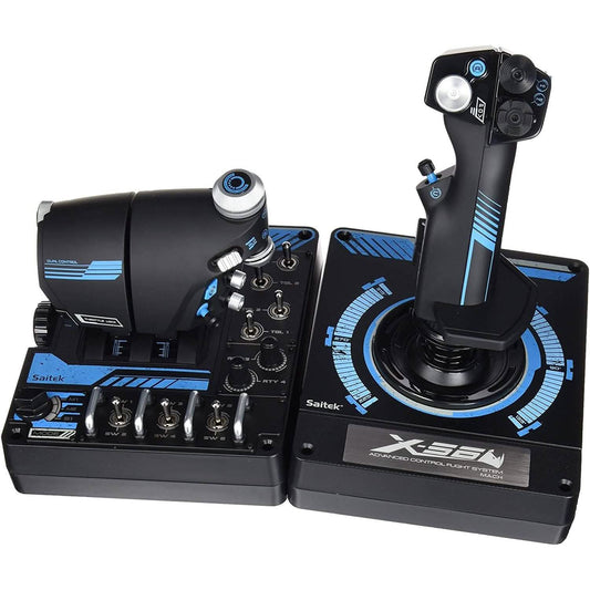 Gaming flight control HOTAS with black throttle and blue-accent dual-stick joystick base